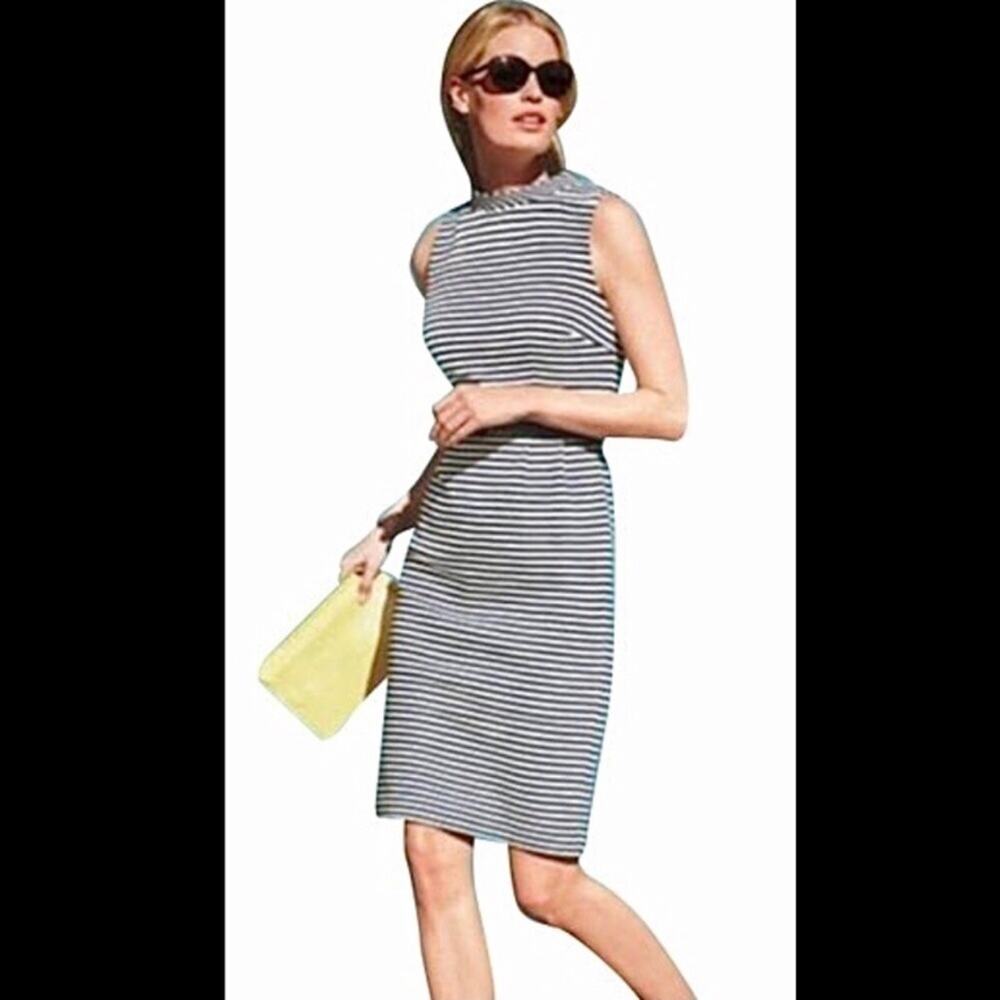 Boden 60s Sheath Ponte Knit, Blue & White Striped Sleeveless Dress, Size 2R
